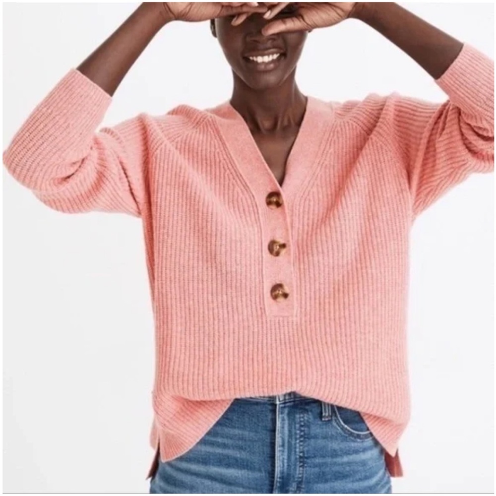 MADEWELL Pink Lyle Henley sweater v-neck Ribbed Sz S Oversized Merino Wool Blend